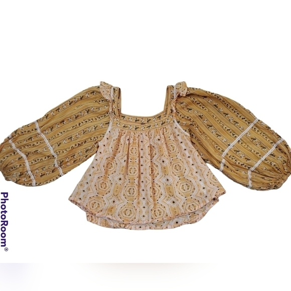 Free People~Woman S~Ochre Yellow Boho Tunic Smocked Henley CropTop Cotton. - Picture 8 of 13